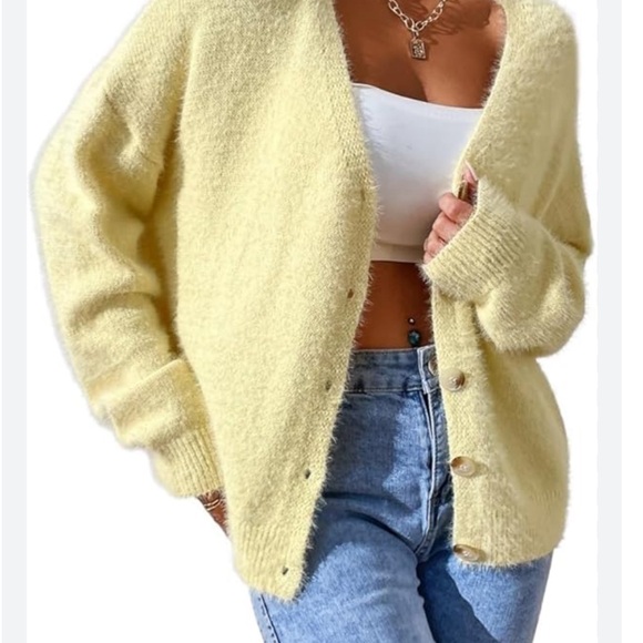 Long Sleeve Cardigan Drop Shoulder Fuzzy Knit Cardigan V-Neck Sweater - Picture 2 of 5